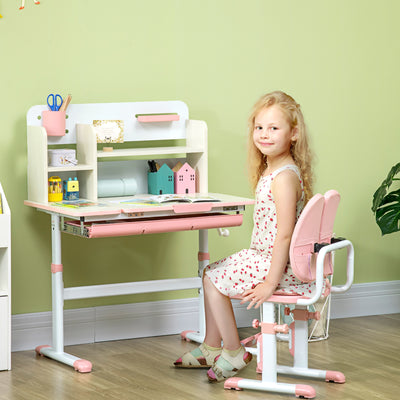 HOMCOM Kids Desk and Chair Set, with Storage Shelves, Washable Cover, for Ages 3-12 Years - Pink 