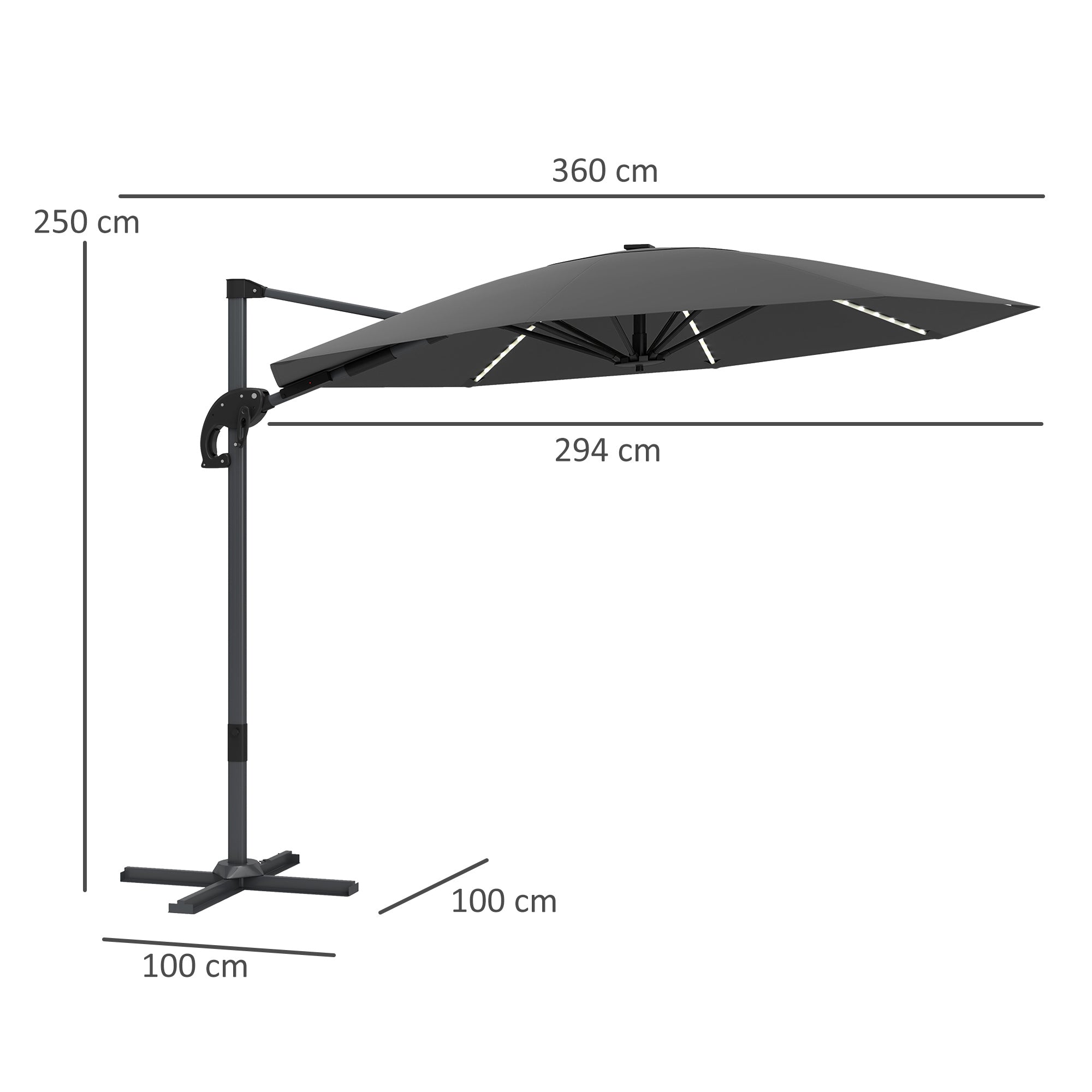 Outsunny 3(m) Cantilever Garden Parasol with Solar Powered Lights, Crank Handle & Cross Base, UPF 50+, 360° Rotation, Dark Grey 