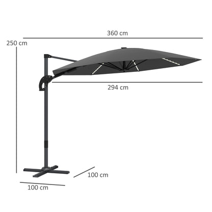 Outsunny 3(m) Cantilever Garden Parasol with Solar Powered Lights, Crank Handle & Cross Base, UPF 50+, 360° Rotation, Dark Grey 
