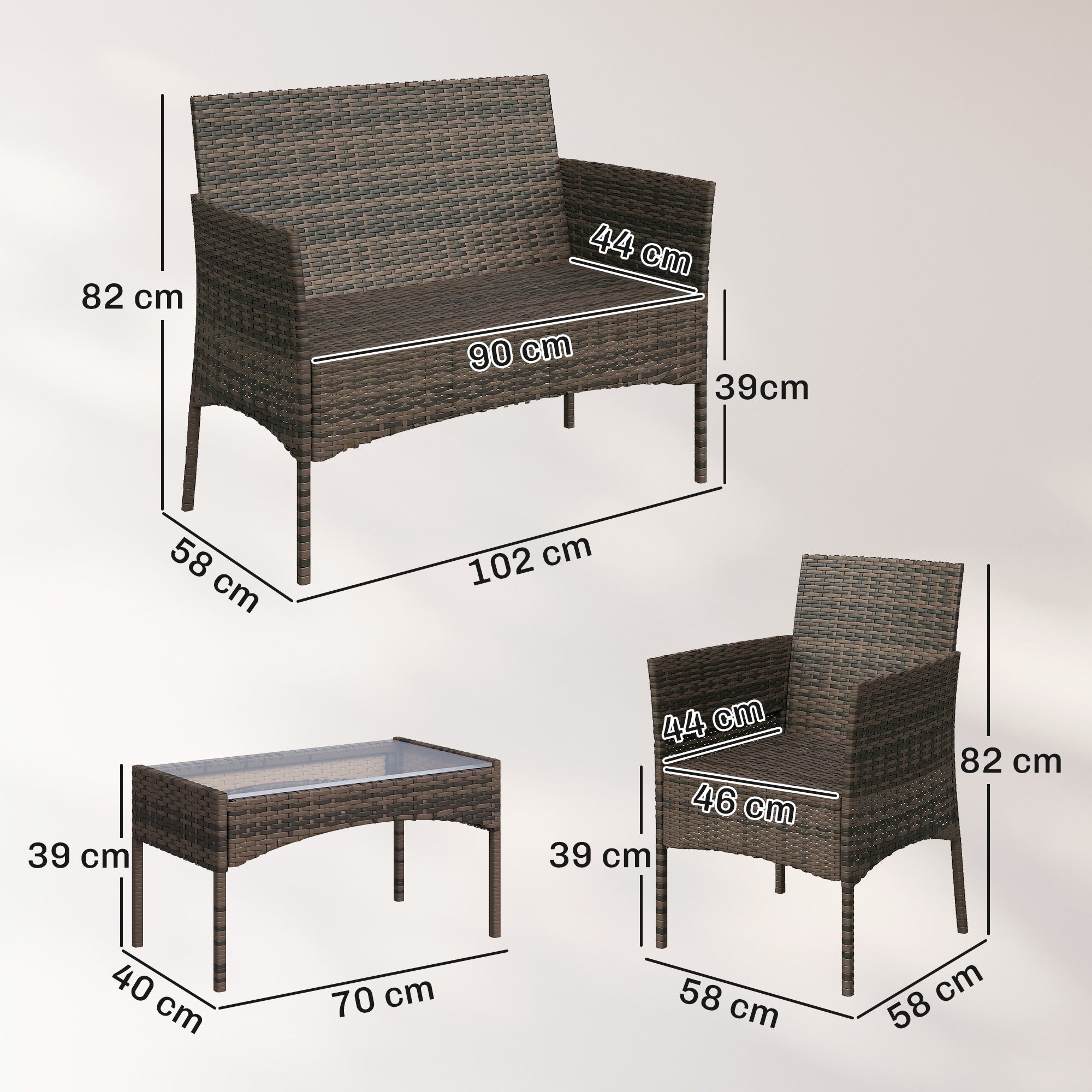 Outsunny 4 Piece Rattan Garden Furniture Sofa Set with Loveseat, Armchairs, Glass-Top Coffee Table and Cushions, Brown 