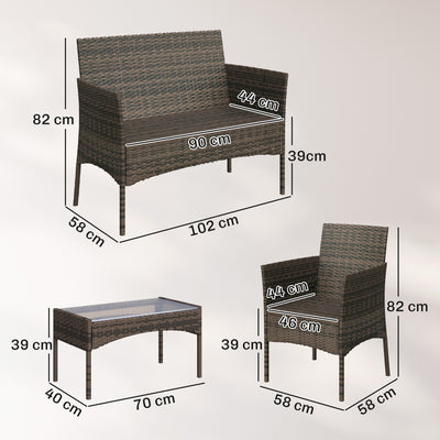 Outsunny 4 Piece Rattan Garden Furniture Sofa Set with Loveseat, Armchairs, Glass-Top Coffee Table and Cushions, Brown 