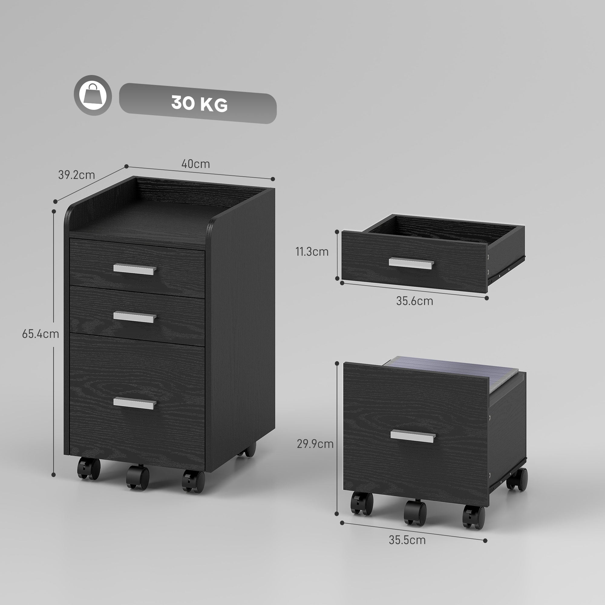 HOMCOM 3 Drawer Filing Cabinet, Rolling File Cabinet with Edged Top for Letter, A4 Size, Hanging File Folders, Black 