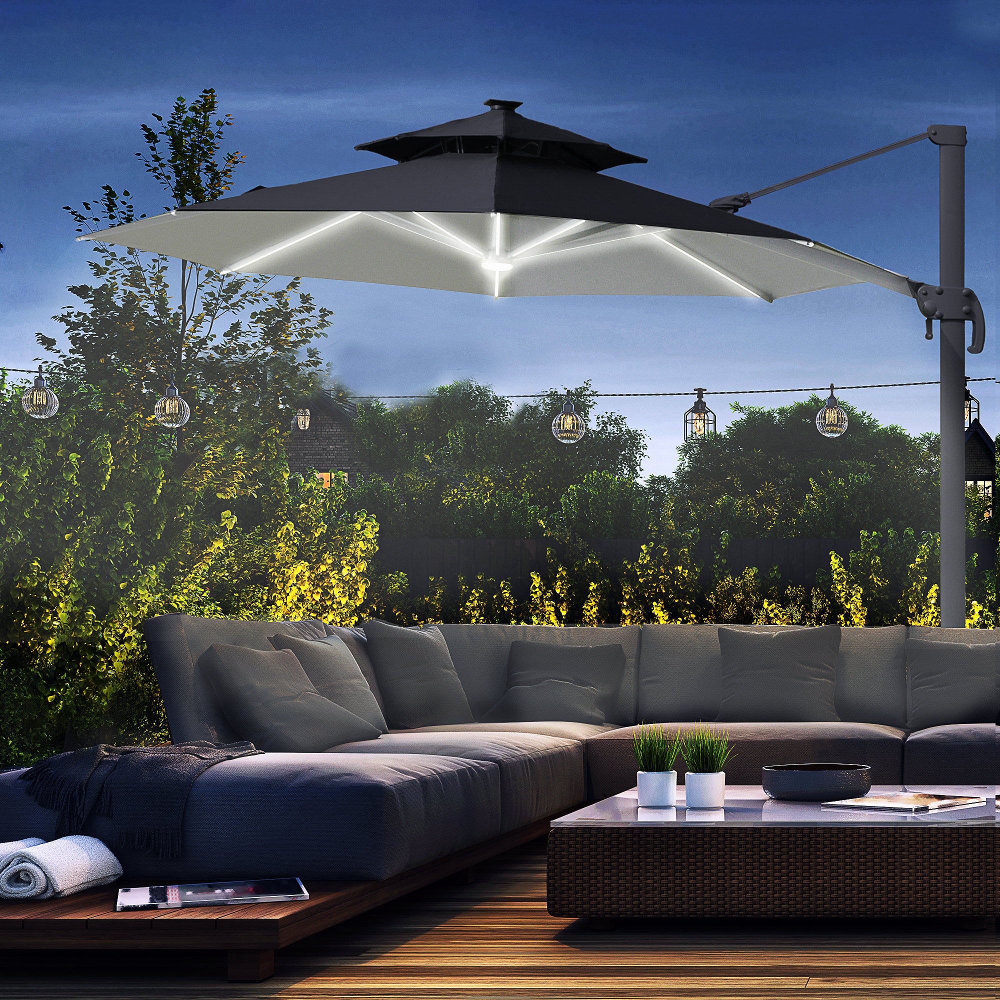 Outsunny 3m Cantilever Parasol w/ Solar Lights Power Bank Base 360° Spin Dark Grey 