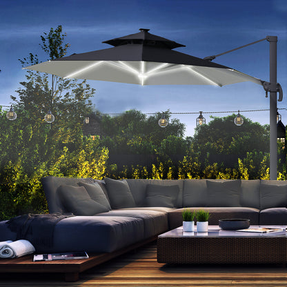 Outsunny 3m Cantilever Parasol w/ Solar Lights Power Bank Base 360° Spin Dark Grey 