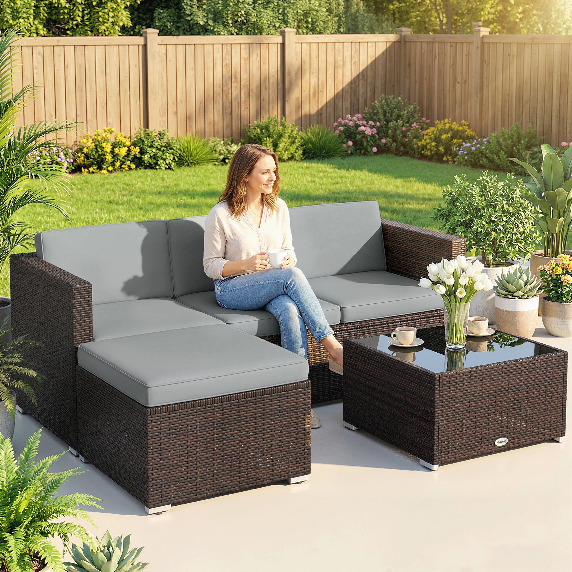 Outsunny 3 Pieces Garden Furniture Set w/ Cushions, PE Rattan Wicker Conversation Corner Sofa Set, Light Grey 