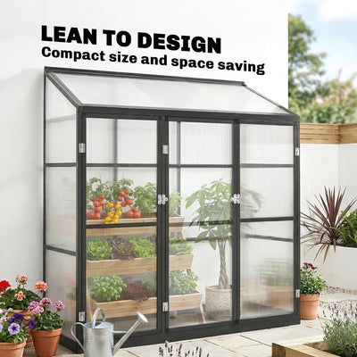 Outsunny Polycarbonate Greenhouse with 3 Hinged Doors, Top Vent, Lean-to Green House, Walk-in Greenhouse, 6 x 1.5ft, Black 