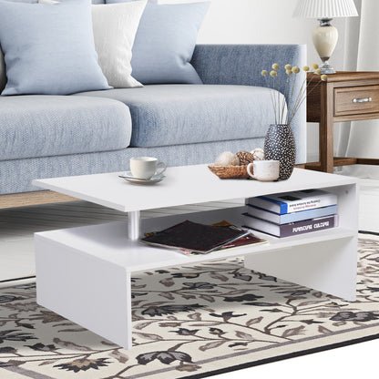 HOMCOM Coffee Table with Storage, 2-Tier Centre Table, Modern Living Room Table with Open Shelf and Aluminium Poles, White 