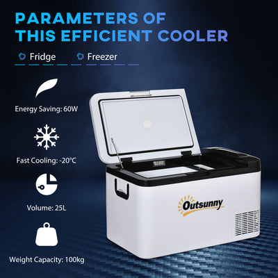 Outsunny 12V Car Refrigerator w/ LED Light & Foldable Handles, 25L Portable Compressor Cooler, Fridge Freezer with 12/24V DC and 110-240V AC for Campervan RV Boat Travel 
