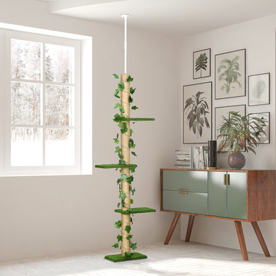 PawHut 242cm Adjustable Floor-To-Ceiling Cat Tree, with Artificial Decoration, Perches, Anti-Slip Kit - Green 