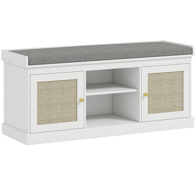 HOMCOM Boho Shoe Storage Bench with Padded Cushion and Rattan Doors - White 