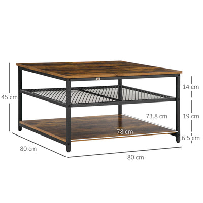 HOMCOM Coffee Table, Living Room Table with 3-Tier Storage Shelves, Square Tea Table for Home Office, Rustic Brown 