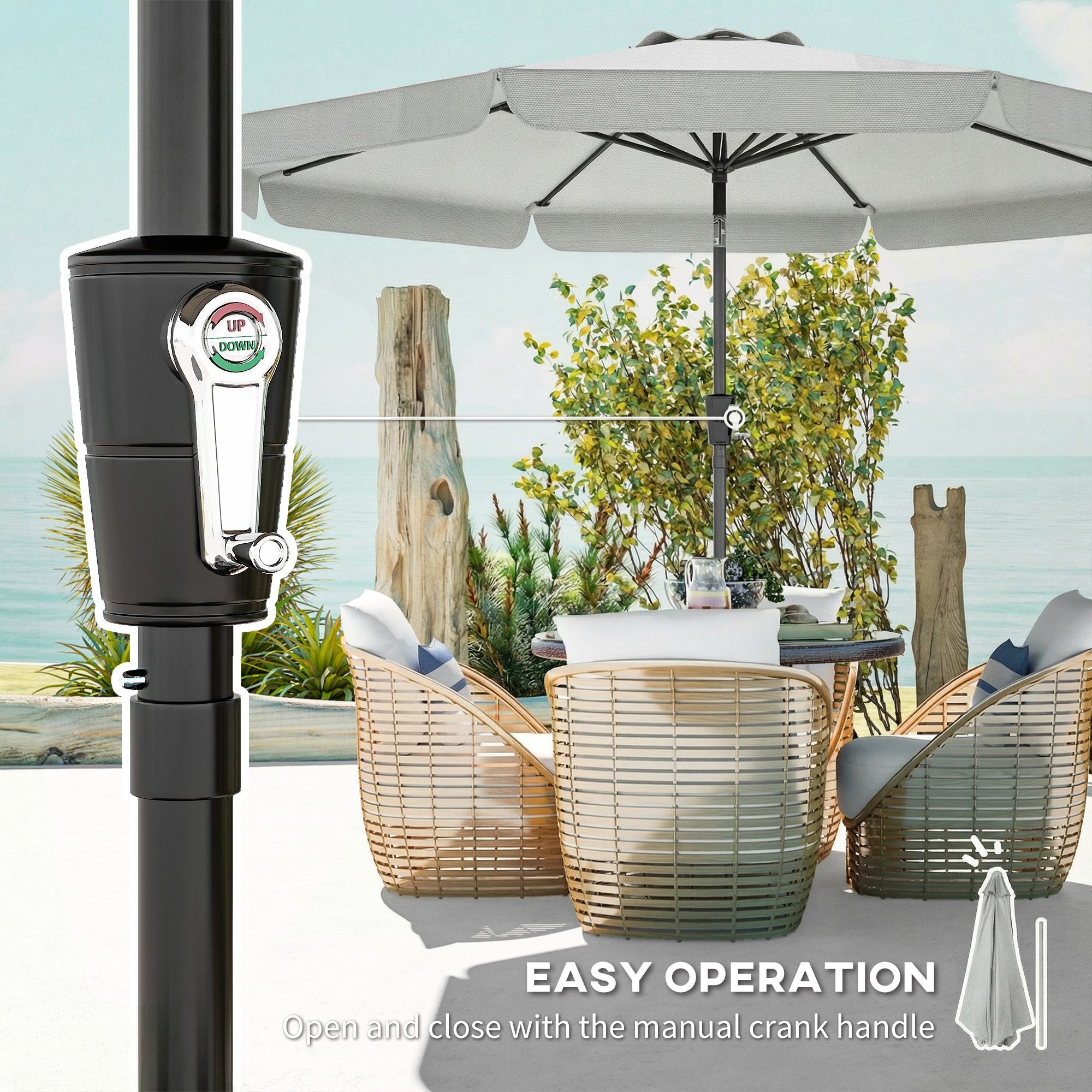 Outsunny 3 m Garden Parasol with Tilt Mechanism & Crank Handle, UPF 30+ Patio Umbrella Outdoor Table Umbrella, Light Grey 