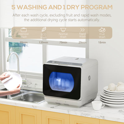 HOMCOM Table Top Dishwasher, Mini Countertop Dishwasher with Built-in 6L Water Tank, 6 Programs, Touch Control, LED Display, 4 Place Settings, Dual Water Supply and Fruit Wash Mode, Silver Tone 