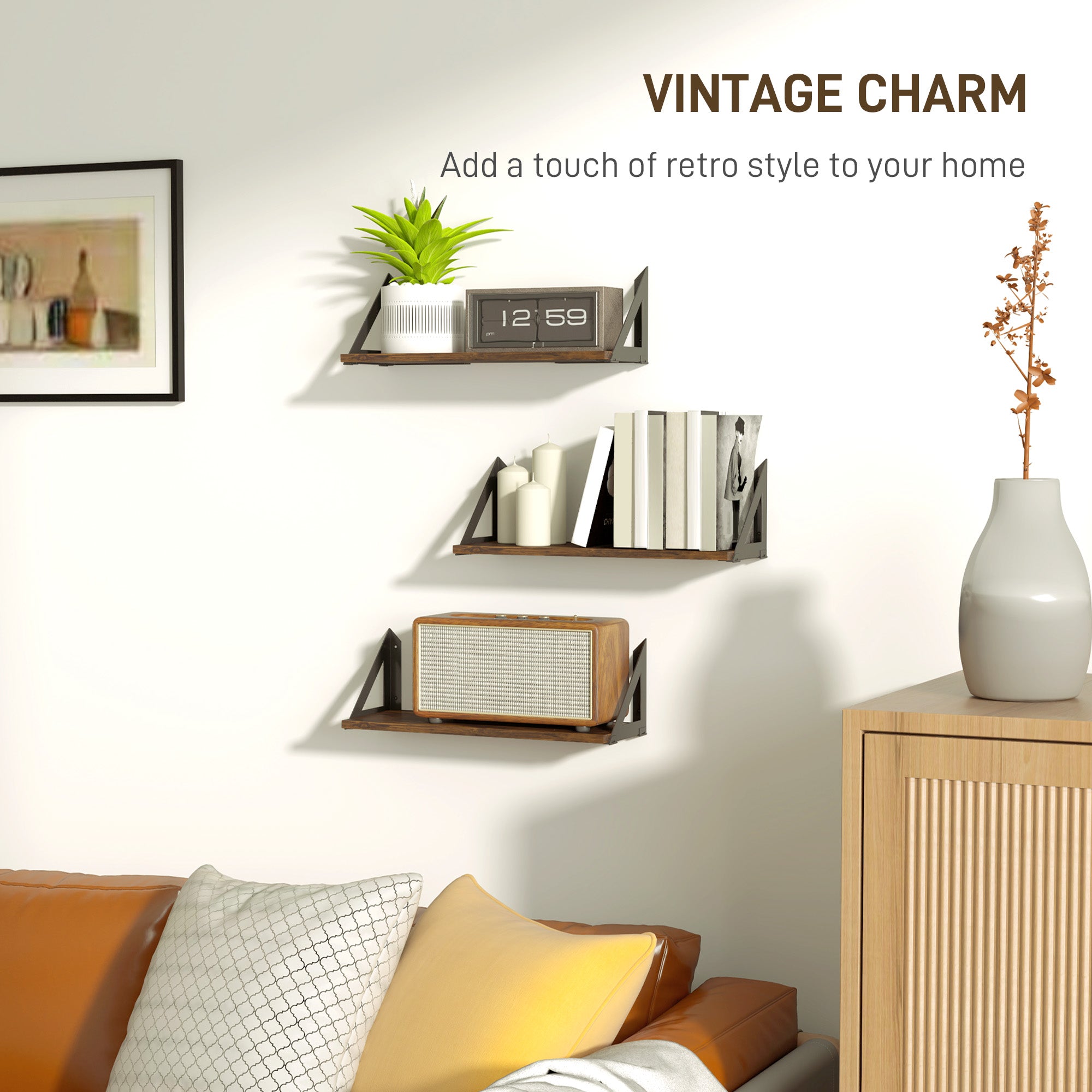 HOMCOM Set of 3 Wall Shelves, Vintage Wall Mounted Floating Shelves for Living Room, Entryway, Bedroom, Rustic Brown