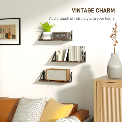 HOMCOM Set of 3 Wall Shelves, Vintage Wall Mounted Floating Shelves for Living Room, Entryway, Bedroom, Rustic Brown