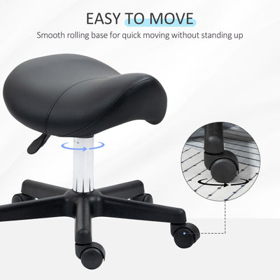 HOMCOM Saddle Stool, PU Leather Adjustable Rolling Salon Chair with Steel Frame for Massage, Spa, Beauty and Tattoo, Black 