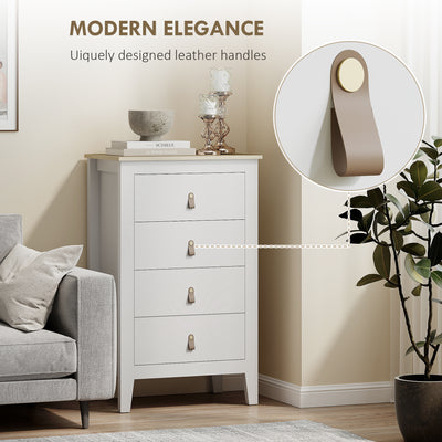 HOMCOM Bedroom Chest of Drawers, Modern 4 Drawer Dresser Cabinet with PU Leather Handles and Metal Runners for Living Room, Hallway, Entryway, White 