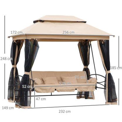 Outsunny 3 Seater Swing Chair 3-in-1 Convertible Garden Swing Seat Bed Gazebo Patio Bench Outdoor with Double Tier Canopy, Cushioned Seat, Mesh Sidewalls, Beige 