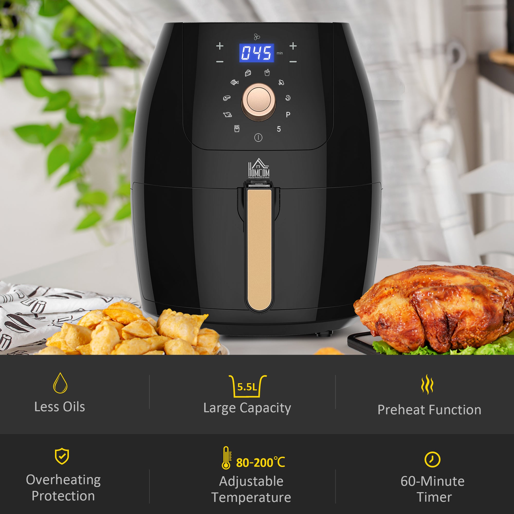 HOMCOM 5.5L 1700W Air Fryer, with Digital Display, 80-200℃ Temperature 