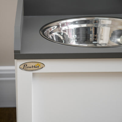 PawHut Stainless Steel Raised Dog Bowls, with 21L Storage Drawer for Large Dogs and Cats - White 