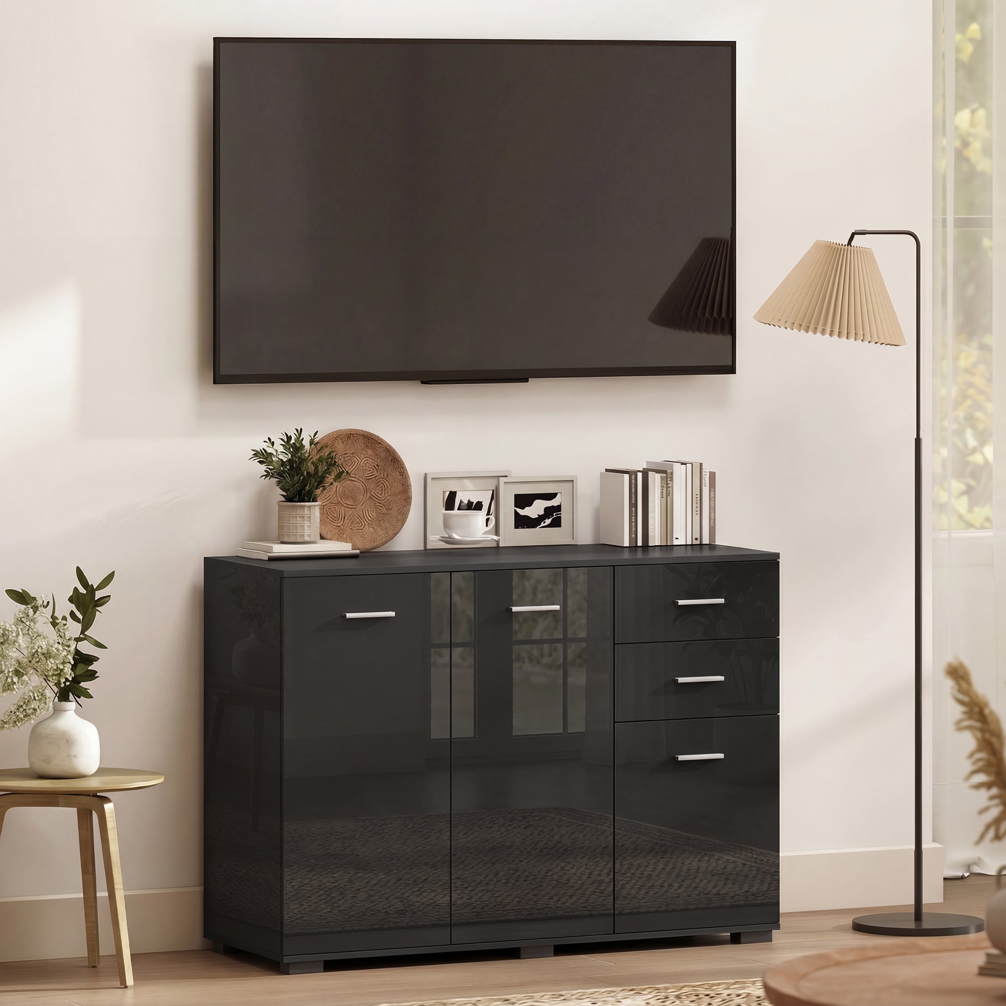 HOMCOM Sideboard, Modern Storage Cabinet with 2 Drawers, 3 Doors and Adjustable Shelves, High Gloss Black 
