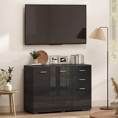 HOMCOM Sideboard, Modern Storage Cabinet with 2 Drawers, 3 Doors and Adjustable Shelves, High Gloss Black 