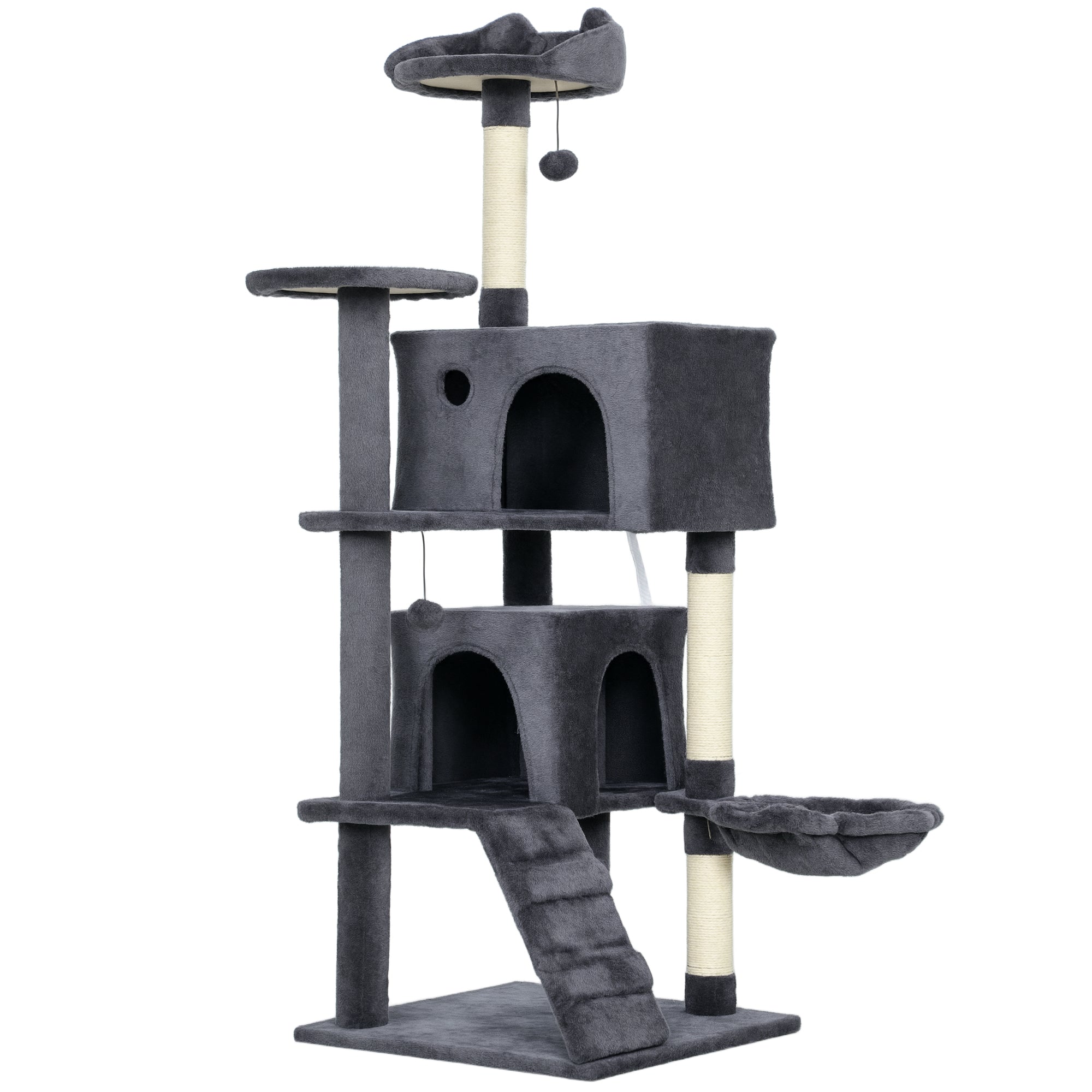 PawHut 140cm Large Cat Tree Tower with Sisal Scratching Posts, Cat Houses, Plush Perches, Hammock, Ladder, Dark Grey 