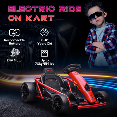 HOMCOM 24V Electric Go Kart for Kids, Drift Ride-On Racing Go Kart with 2 Speeds, for Boys Girls Aged 8-12 Years Old, Red 