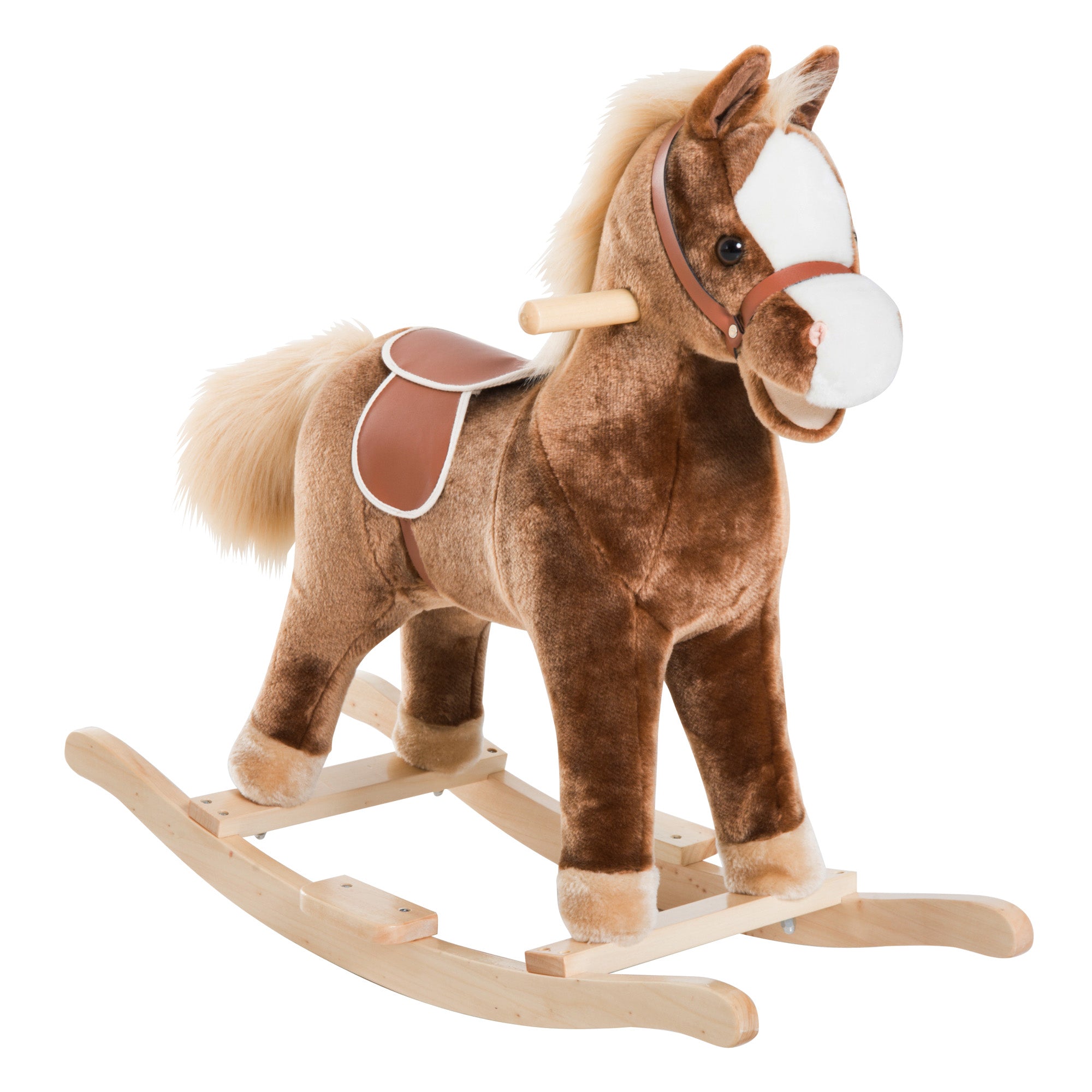 HOMCOM Kids Children Plush Rocking Horse Wooden Base Ride On Toy Rocker with Handle Grip Traditional Toy Fun Gift for Age 3+ (Brown) 