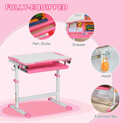 HOMCOM Kids Desk and Chair Set, Student Adjustable Writing Desk, with Drawer, Pen Slot, Hook - Pink 