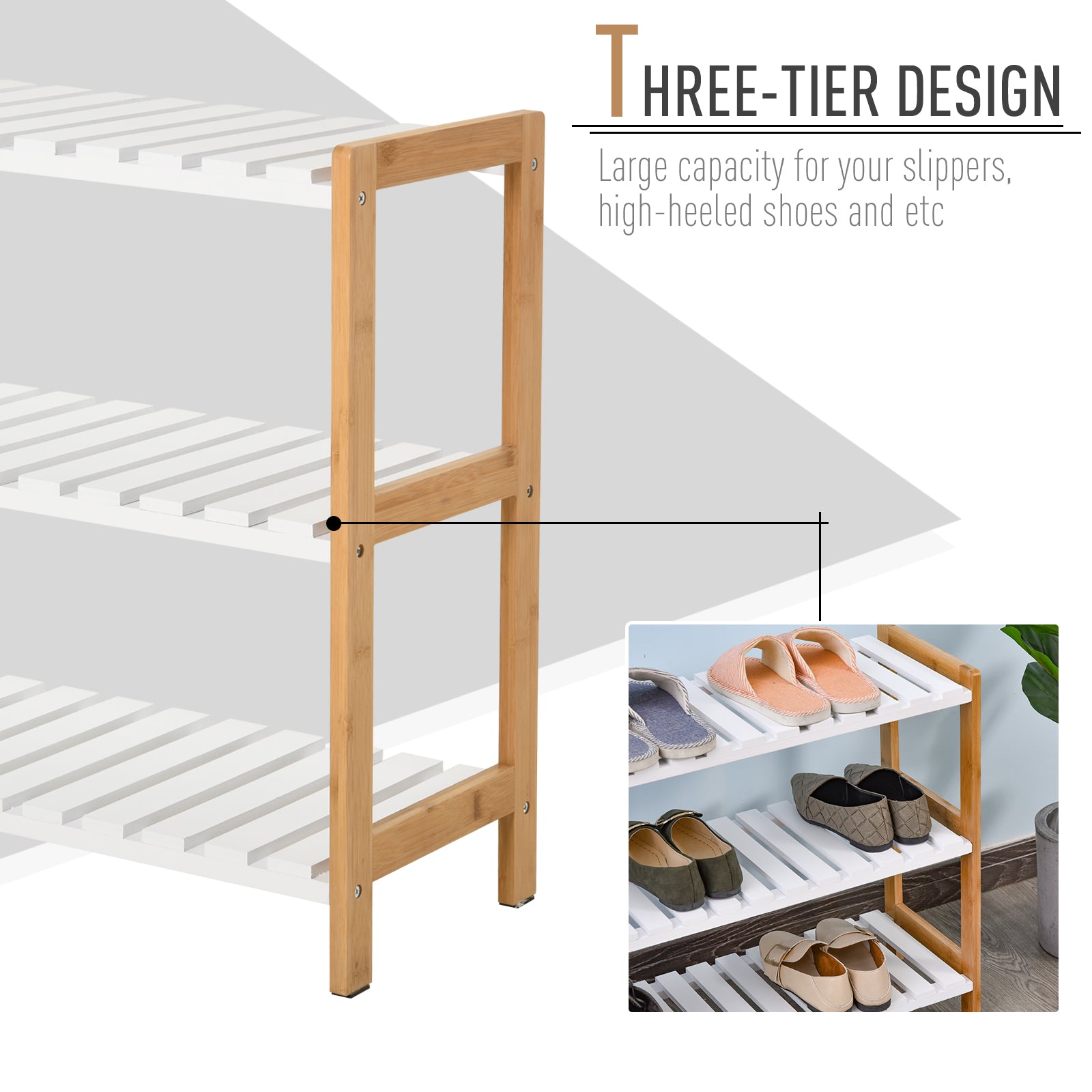 HOMCOM 3-Tier Shoe Rack Wood Frame Slatted Shelves Spacious Open Hygienic Storage Home Hallway Furniture Family Guests 70L x 26W x 57.5H cm - Natural 