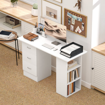 HOMCOM Computer Desk, Writing Table, PC Workstation with 3 Storage Shelves and Drawers, Silver Handle, for Home Office, White 