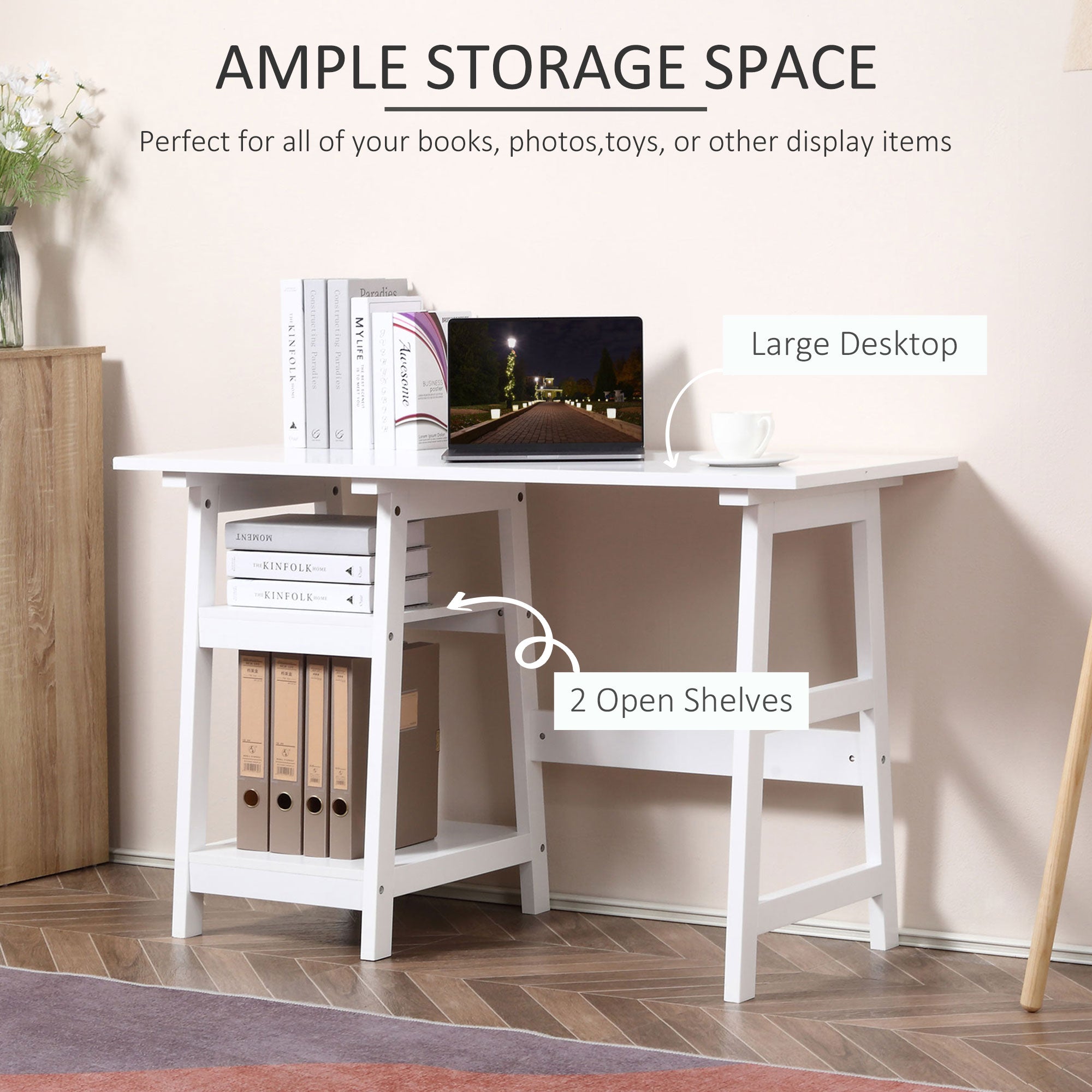 HOMCOM Compact Computer Desk with Storage Shelves, Study Table with Bookshelf, PC Table Workstation for Home Office, Study, Easy Assembly, 120 x 51cm, White 