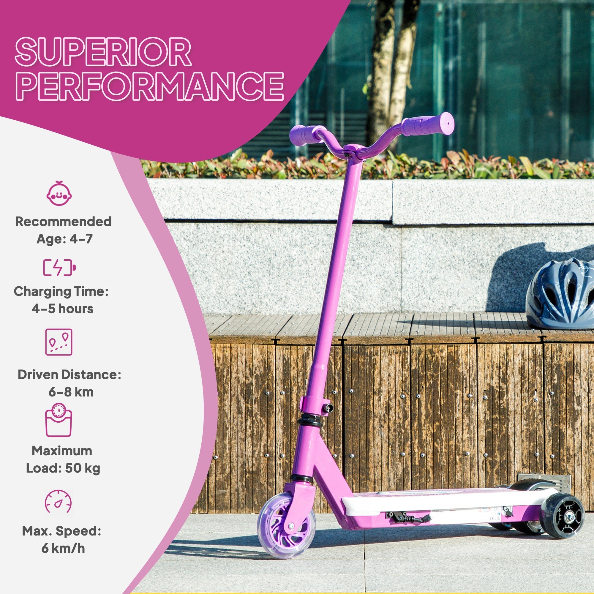 AIYAPLAY Electric Scooter for Kids Ages 4-7, with Auxiliary Rear Wheels, Flashing LED Light and Electric Brake, Kids Electric Scooter for Boys Girls, 6 KM/H & 8 KM, Purple 