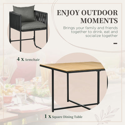 Outsunny 4 Seater Rattan Cube Garden Furniture Set, Rattan Dining Set with Cushions, Outdoor Dining Table and Chairs with Rectangular Wood Grain Plastic Top Table for Patio, Balcony, Black 
