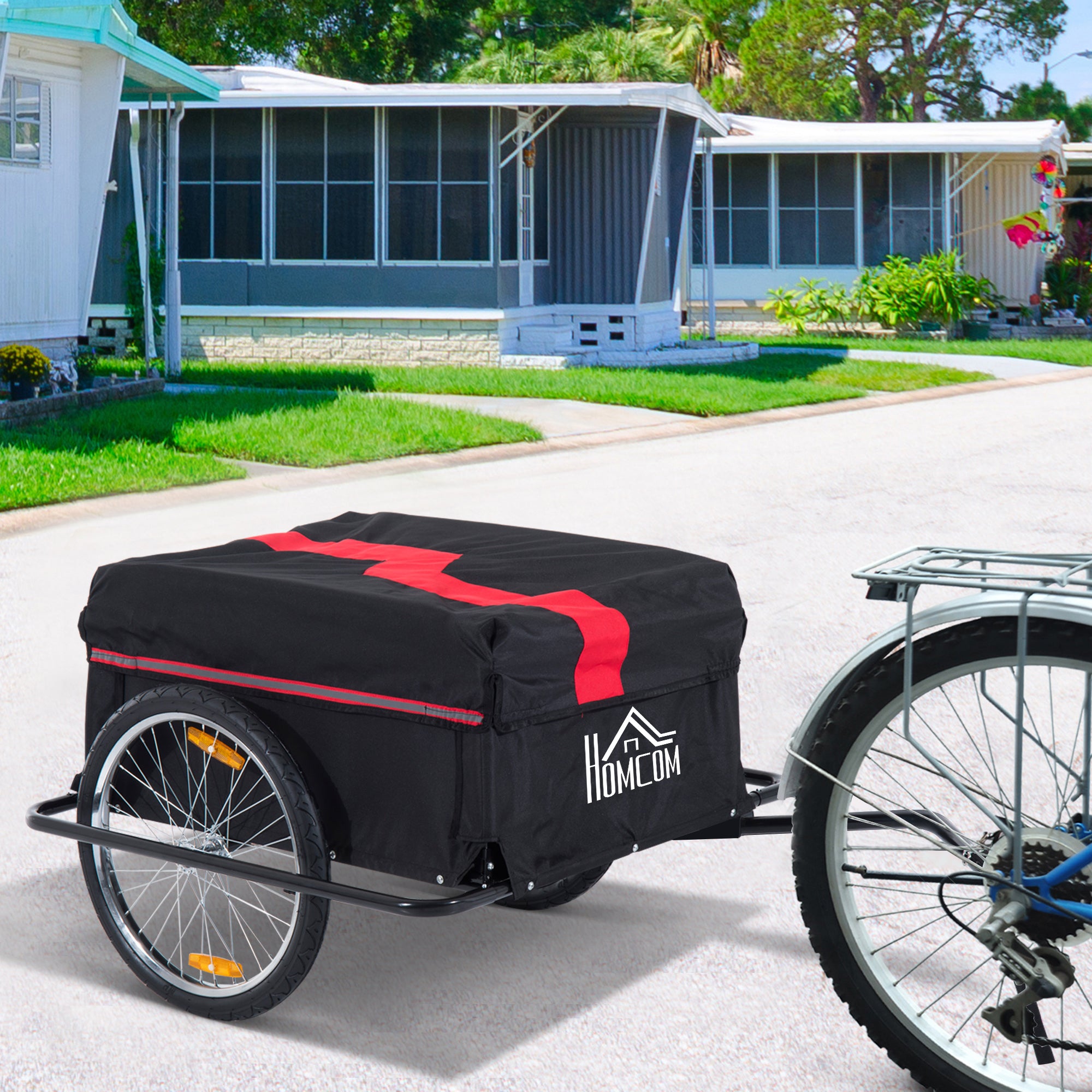 HOMCOM Two-Wheel Bicycle Large Cargo Wagon Trailer Oxford Fabric, Folding Storage, & Removable Cover, Red&Black 