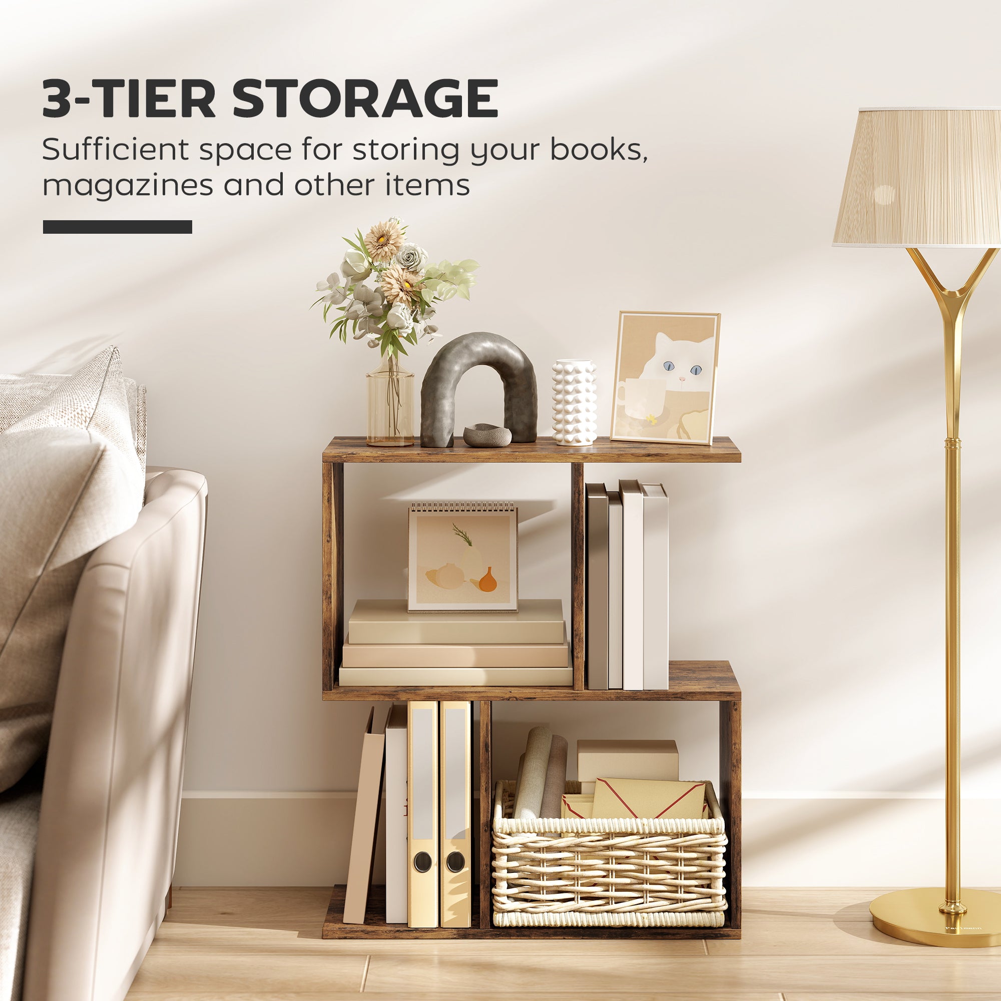 HOMCOM Side Table, Narrow End Table with Storage Shelves, S-Shaped, 3-Tier, 50W x 19.5D x 58H cm, Rustic Brown 