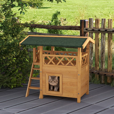 PawHut Cat House Outdoor w/ Balcony Stairs Roof, 77 x 50 x 73 cm, Natural Wood Finish 