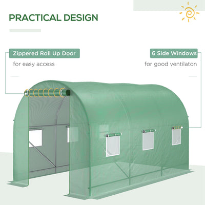 Outsunny 3.5 x 2m Walk-In Polytunnel Greenhouse, with Steel Frame, PE Cover, Roll-Up Door and 6 Windows, Green 