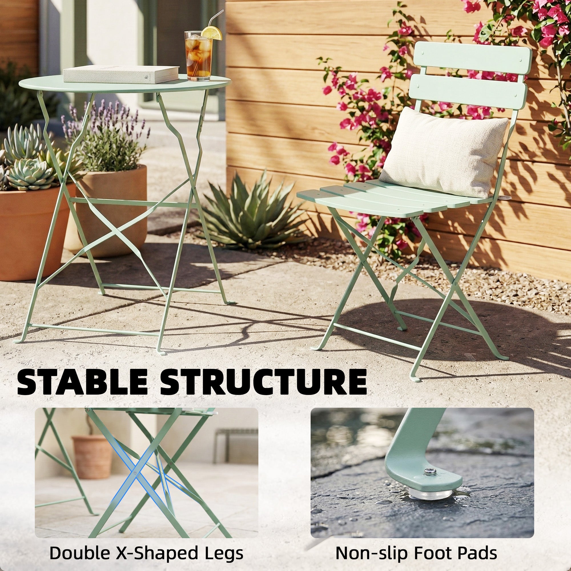 Outsunny Folding Garden Bistro Set, Outdoor Round Bistro Table and Chairs Set 2 with Electrophoresis Metal Frame, Light Green 
