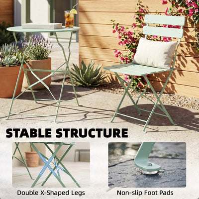 Outsunny Folding Garden Bistro Set, Outdoor Round Bistro Table and Chairs Set 2 with Electrophoresis Metal Frame, Light Green 