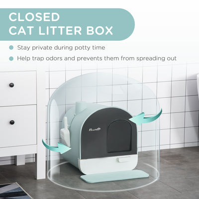 PawHut Hooded Cat Litter Box, Kitten Litter Tray, with Lid, Scoop, Filter, Flap Door 