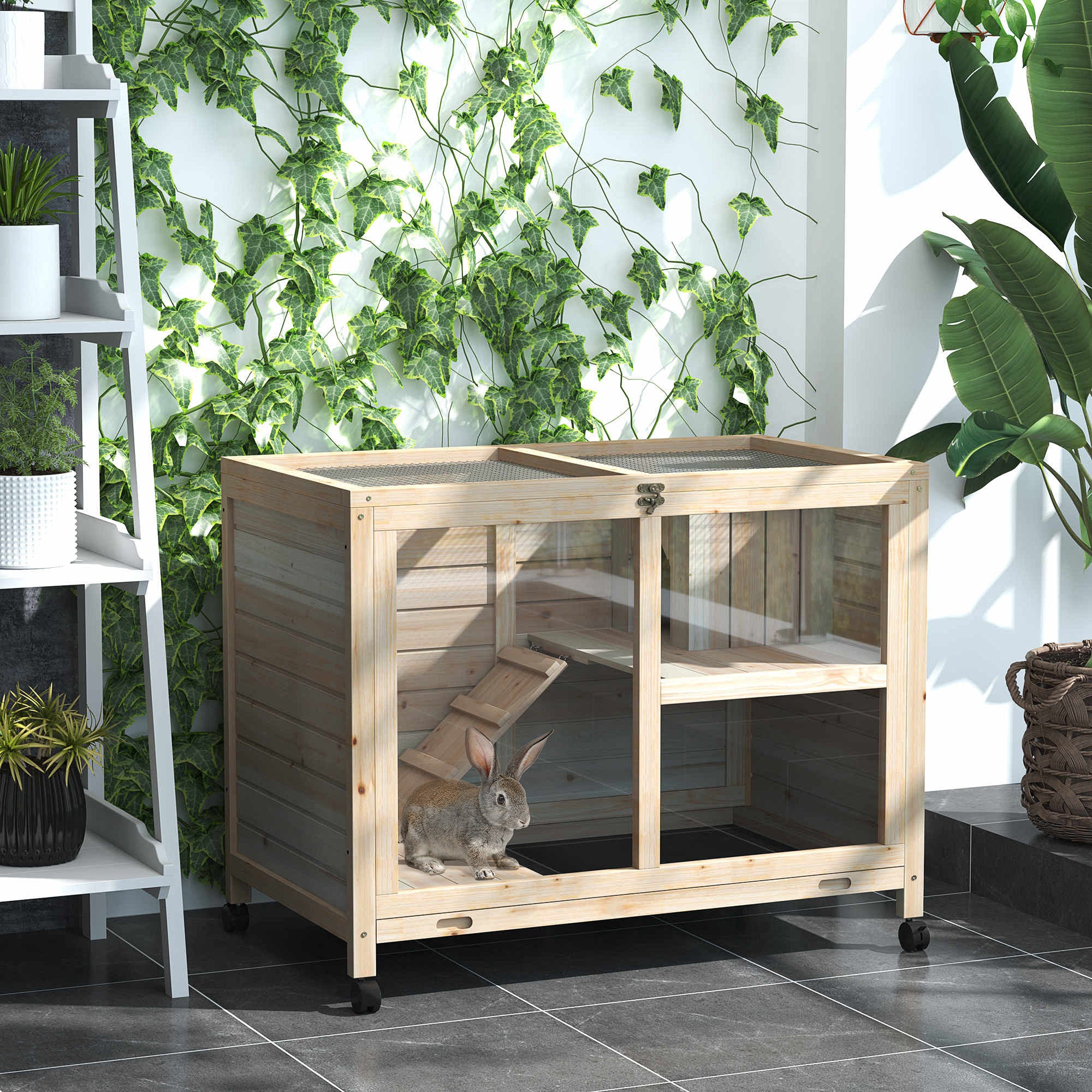 PawHut Rabbit Hutch Indoor Wooden Guinea Pig House Hamster Cage with Wheels, 2 Layers Bunny Cage with Openable Roof, 91.5 x 53.3 x 73 cm, Natural 