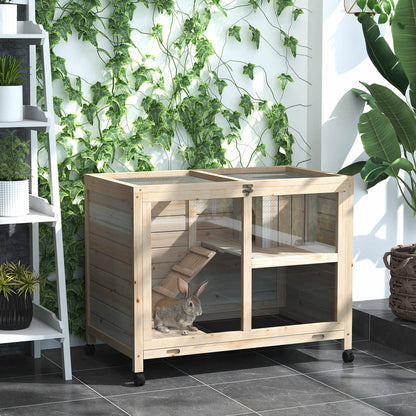 PawHut Rabbit Hutch Indoor Wooden Guinea Pig House Hamster Cage with Wheels, 2 Layers Bunny Cage with Openable Roof, 91.5 x 53.3 x 73 cm, Natural 