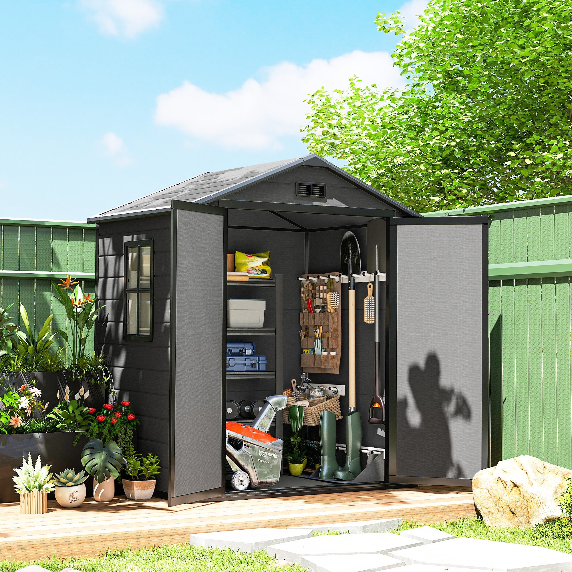 Outsunny 6'x4.5' Garden Storage Shed, Lockable Garden Shed with Double Doors, Window, Vent and Plastic Roof, Dark Grey 
