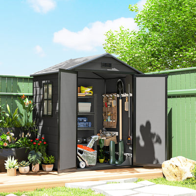 Outsunny 6'x4.5' Garden Storage Shed, Lockable Garden Shed with Double Doors, Window, Vent and Plastic Roof, Dark Grey 