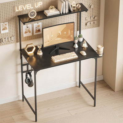 HOMCOM Computer Desk, 80cm Home Office Study Table with Hutch Shelf, Cup Holder, Headphone Hook, Black 