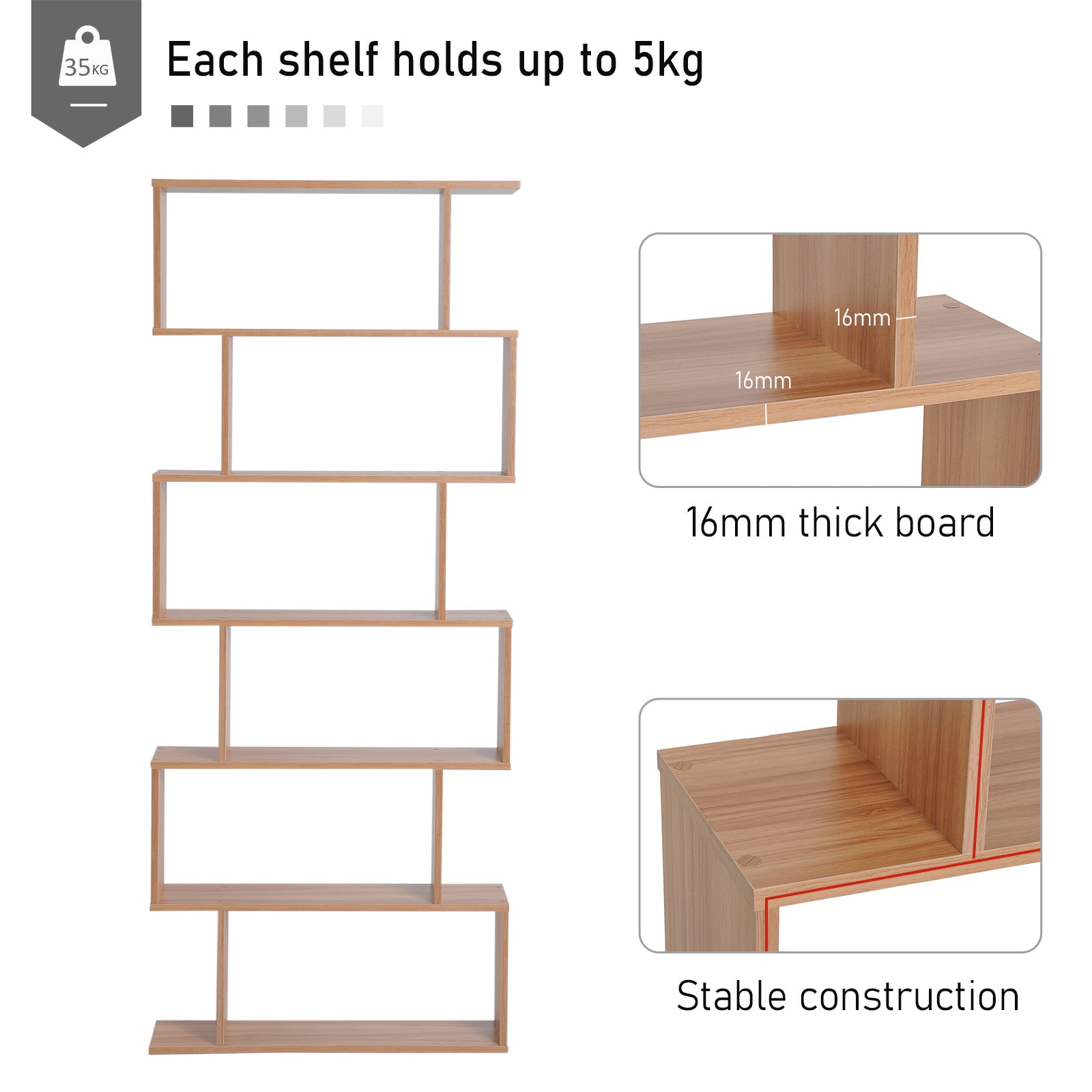 HOMCOM Bookcase, 6 Tier Shelf S Shaped Bookshelf, Storage Unit, Display Shelf for Living Room, Bedroom, Home Office, Plant, Maple 