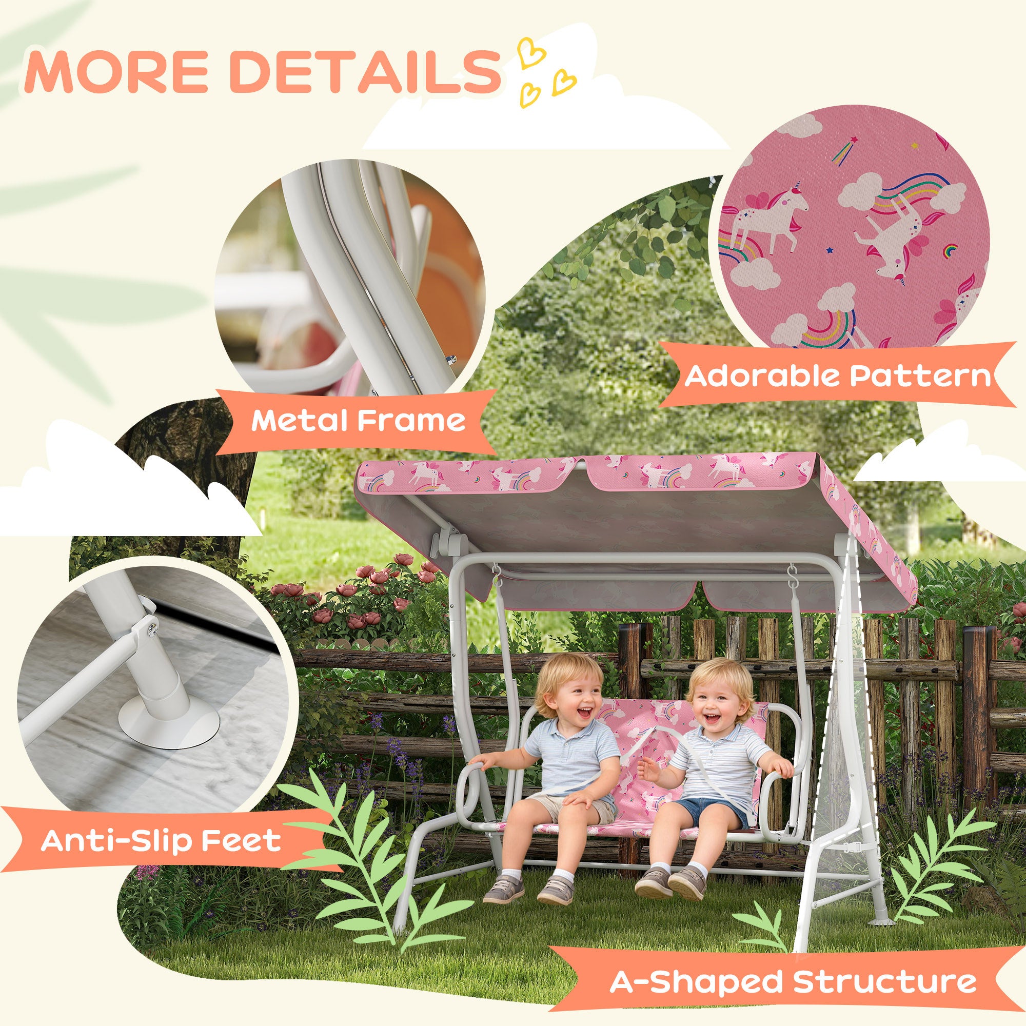 AIYAPLAY Kids Porch Swing, 2-Seater Patio Swing Bench Hammock with Seat Belts, Adjustable Canopy for Garden, Pink 