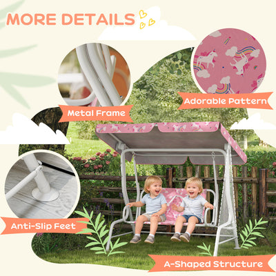 AIYAPLAY Kids Porch Swing, 2-Seater Patio Swing Bench Hammock with Seat Belts, Adjustable Canopy for Garden, Pink 